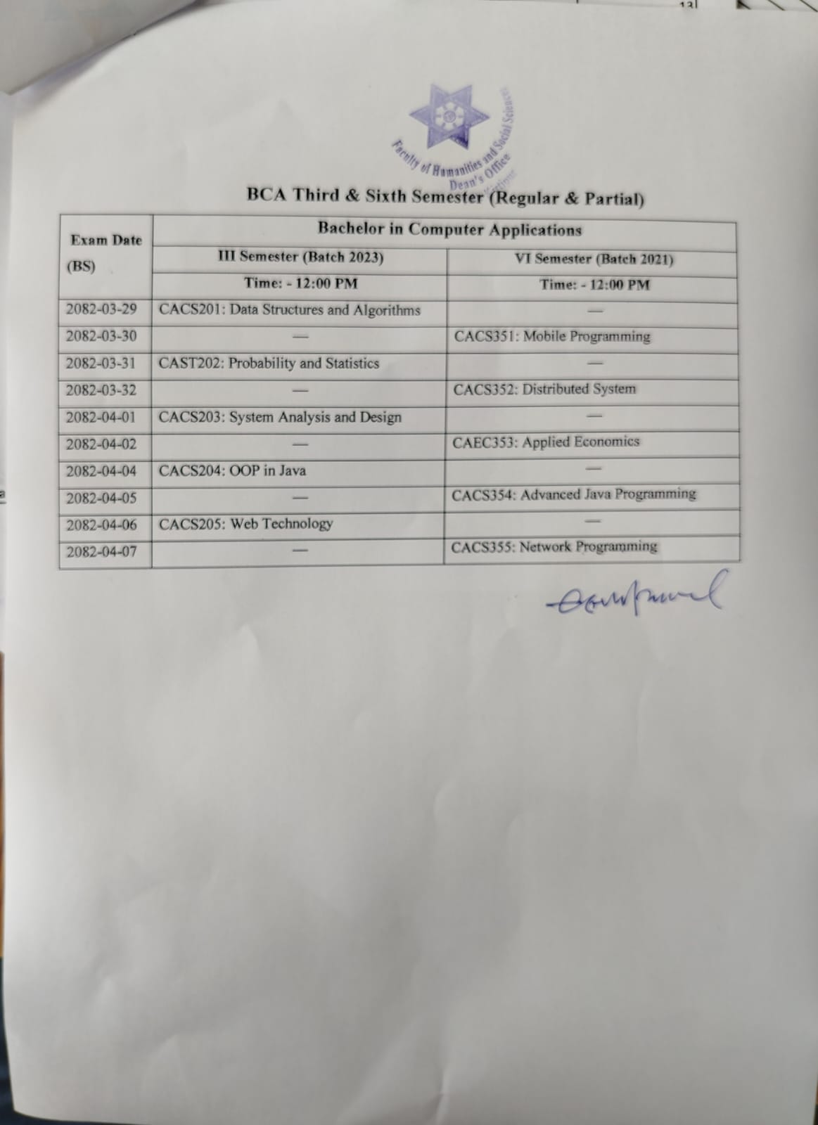 BCA 6th Semester Exam Routine 2082
