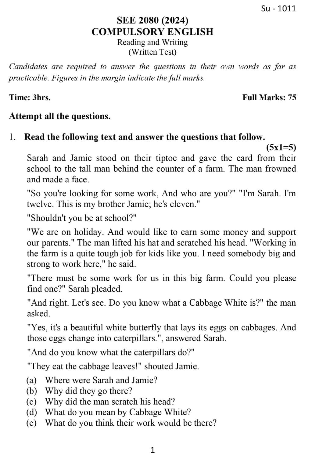 Class 10 (SEE) English Model Question - 1
