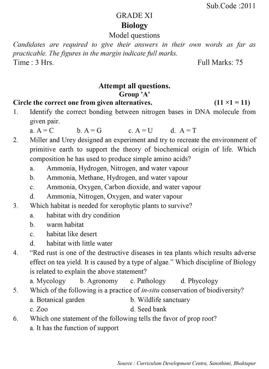 Class 11 Biology Model Question - Page 1