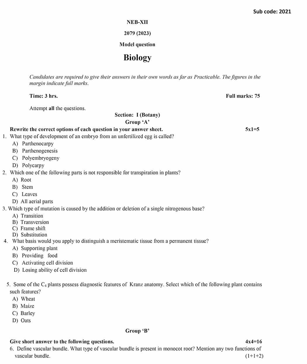 Class 12 Biology Model Question 2082 - Page 1