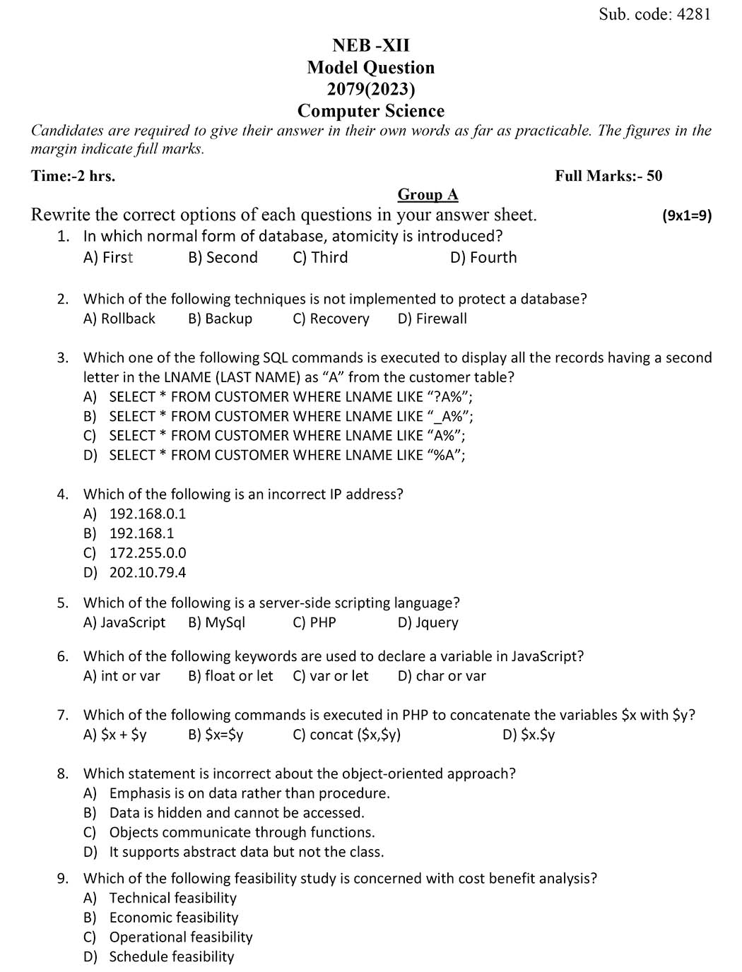 Class 12 Computer Model Question - 1