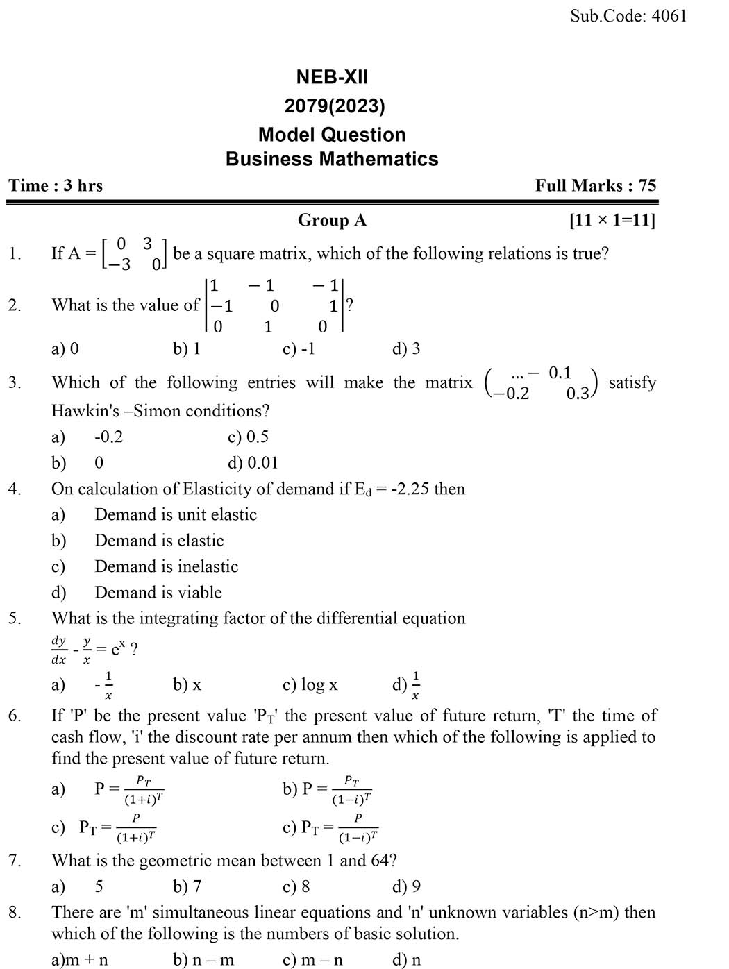 Class 12 Mathematics Model Question 2082 Management - Page 1